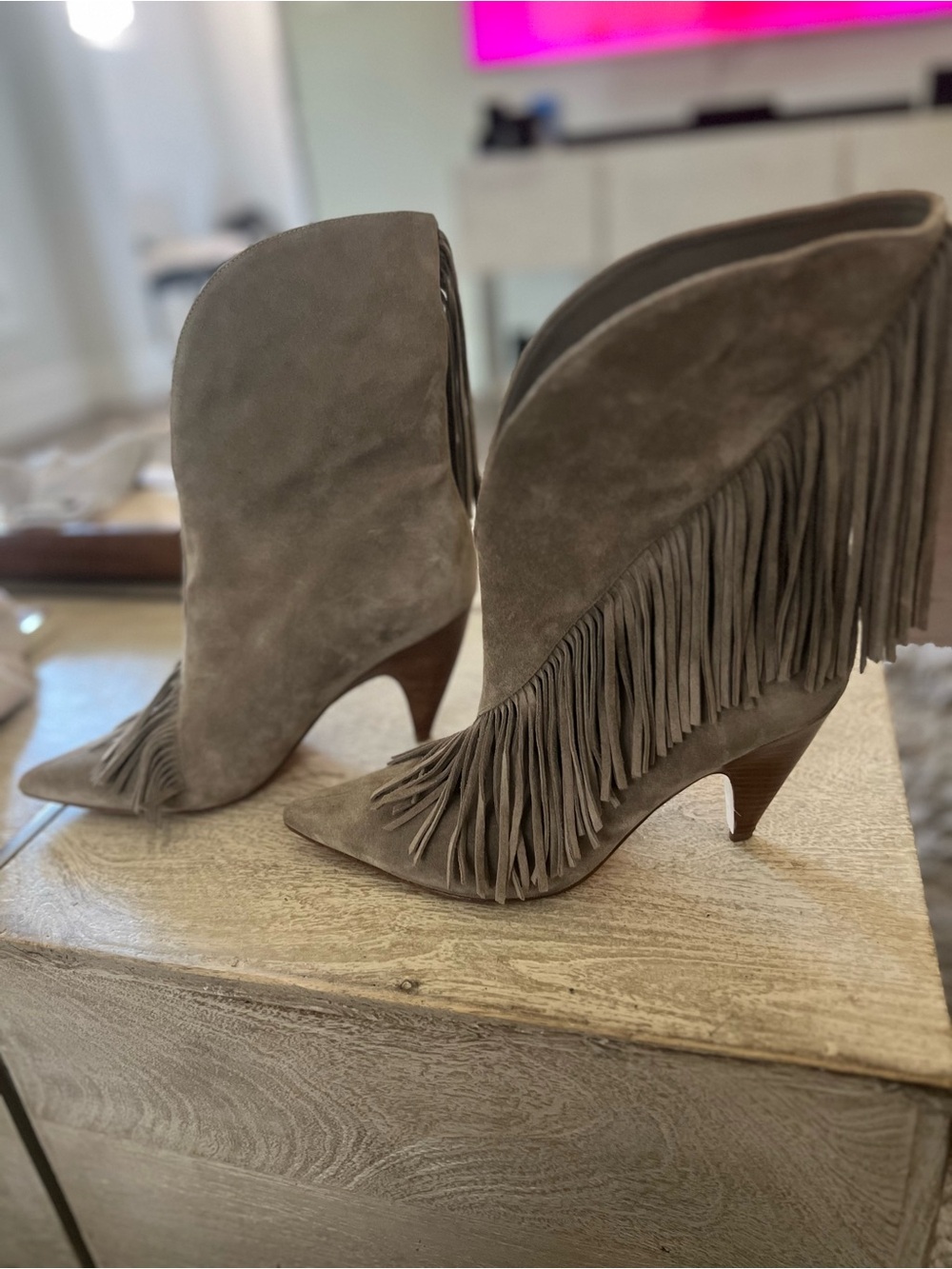 Sigerson Morrison Taupe Suede Fringe Pointed-Toe Knee Boots - Picture 2 of 4